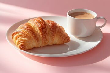 Sticker - A minimalistic composition featuring a croissant on a white plate next to a cup of coffee against a soft pink background