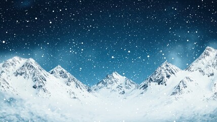 Wall Mural - A serene winter landscape featuring snow-covered mountains under a gently falling snowfall against a clear blue sky.