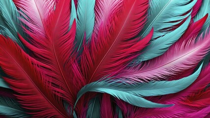 Wall Mural - Vibrant digital artwork of overlapping feathers in red, pink, teal, and turquoise, creating dynamic movement.