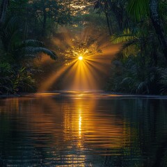 Wall Mural - Golden sunrise rays pierce jungle, reflecting on water.