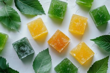 Sticker - A minimalistic arrangement of yellow and green jelly cubes surrounded by fresh green leaves on a textured white background