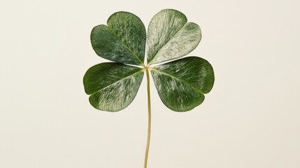 Canvas Print - A macro shot of a single green four-leaf clover against a plain light background, highlighting its unique leaf structure and texture