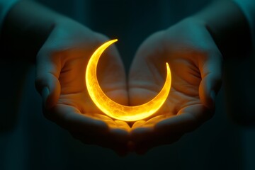 Wall Mural - Close-up of hands holding a glowing crescent moon shape, creating a minimalistic and ethereal atmosphere