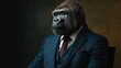 © sun - Gorilla in a suit and tie standing upright in a studio setting