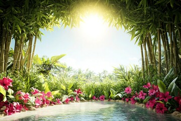 a refreshing summer border made from tropical leaves, bamboo shoots, and exotic flowers, with a brig
