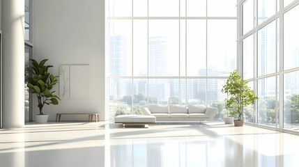 Wall Mural - A clean minimalist interior with sleek furniture and abundant natural light streaming through large glass windows