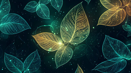 Wall Mural - a clean vibrant pattern of glowing leaves and floral designs on a dark backdrop, illuminated by soft