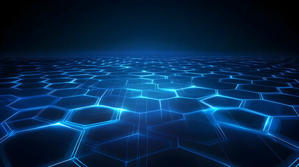 Wall Mural - a glowing abstract hexagonal grid in vibrant neon blue on a dark reflective surface, creating depth
