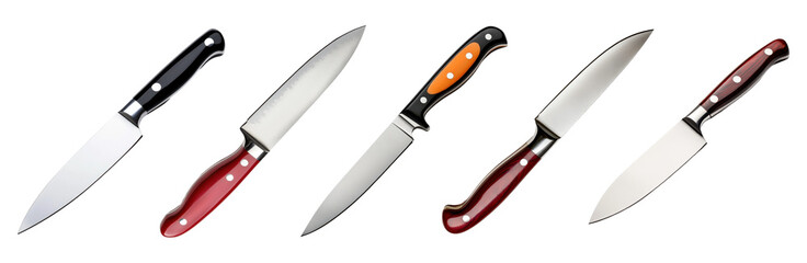 Set of chef knives with various handle styles, isolated on transparent background