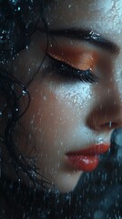 Wall Mural - Artistic close-up of a woman's face, featuring vibrant makeup and water droplets, creating a dramatic, emotional scene.