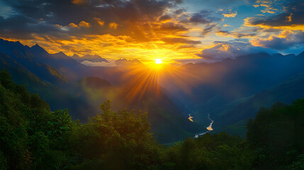Wall Mural - a vibrant sunrise over a mountain range with soft clouds and glowing golden light, surrounded by lus
