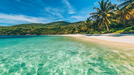 Wall Mural - a vibrant tropical beach with clear turquoise waters, white sand and gently swaying palm trees under
