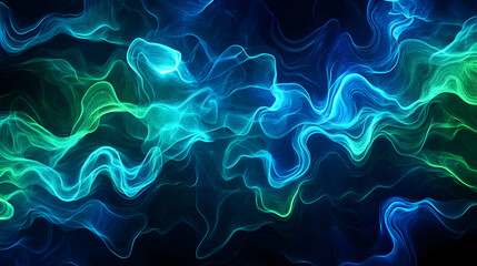 Wall Mural - abstract glowing wave patterns in vibrant blue and green hues on a dark background, creating a sense