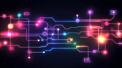 Wall Mural - Abstract representation of data flow with glowing lines and digital nodes forming a network on a dark gradient background