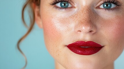 this image captures a radiant woman with striking blue eyes and cherry red lips, embodying beauty an