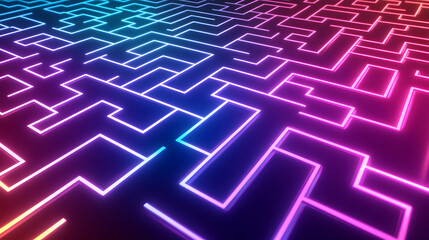 Wall Mural - vibrant neon-colored glowing lines forming an intricate maze-like pattern on a dark gradient backgro