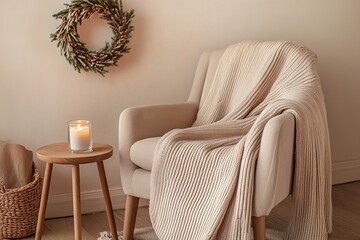 Poster - Nordic-inspired winter living room showcases a minimalist armchair with a wool blanket, complemented by a candle-lit side table and a subtle holiday wreath on a smooth wall, creating warmth