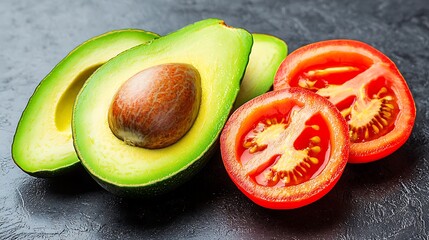 Poster - Fresh Avocado Slices and Juicy Tomato Halves on Dark Stone Background