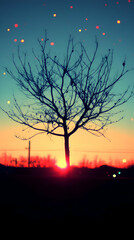 Sticker - Sunset tree silhouette, magical lights, field