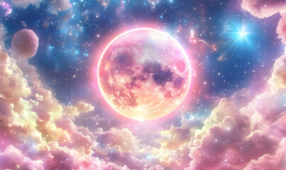 Sticker - Pink moon rising, pastel clouds, starry night, fantasy art, dreamy background