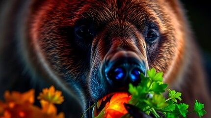 close-up of a brown bear eating vegetables. (4)
