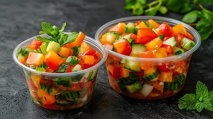 Poster - Fresh Vegetable Salad with Mint in Clear Plastic Cups on Dark Surface