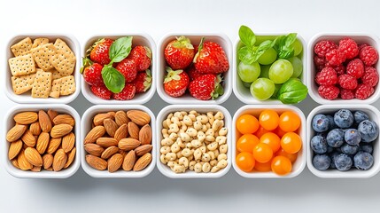 Poster - Colorful Assortment of Nuts, Fruits, and Snacks in White Bowls