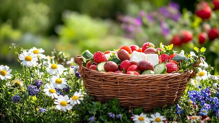 Fototapete - Fresh Fruit and Vegetables in Woven Basket Surrounded by Flowers