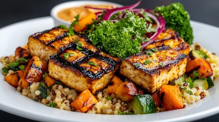 Poster - Grilled Tofu with Vegetables and Quinoa on a White Plate