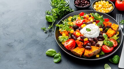 Poster - Colorful Healthy Salad with Vegetables and Yogurt on a Black Plate