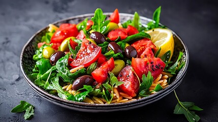 Poster - Fresh Salad with Tomatoes, Olives, Greens and Lemon Slice