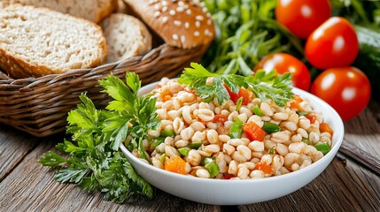Poster - Fresh Grain Salad with Vegetables and Herbs on Wooden Table
