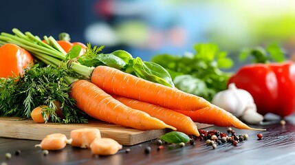 Fototapete - Fresh Organic Carrots with Herbs and Colorful Vegetables on Table
