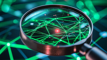 Wall Mural - magnifying glass on an ultra-modern digital fabric made up of interconnected nodes and beams of ligh