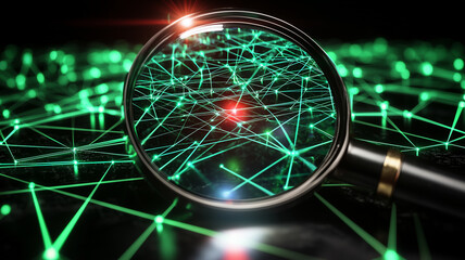 Wall Mural - magnifying glass on an ultra-modern digital fabric made up of interconnected nodes and beams of ligh