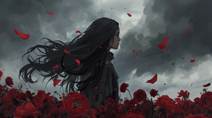 Wall Mural - dark-haired woman stands in the middle of red flowers, her long hair flowing like shadows under dark clouds. The wind blows petals from her head and carries them into the distance