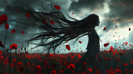 Wall Mural - dark-haired woman stands in the middle of red flowers, her long hair flowing like shadows under dark clouds. The wind blows petals from her head and carries them into the distance