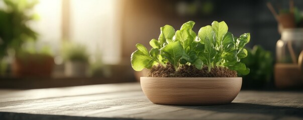 goals and sustainability concept, Fresh green lettuce growing in a wooden bowl on a rustic table.