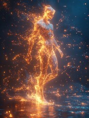 Wall Mural - ethereal fiery humanoid walking on reflective surface