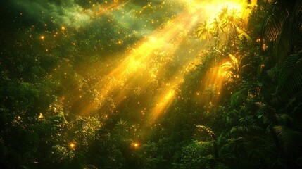 Sticker - Ethereal Forest with Golden Light Rays and Sparkling Particles