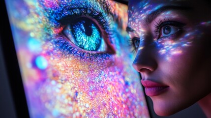 Wall Mural - Woman Gazing at Colorful Projected Eye on Screen