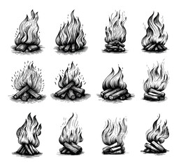 Wall Mural - Camp fire engraving vector set. Flame bonfire wooden tourism timber nature trunks light spot, hand drawn black ink sketch isolated on white background