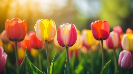 Wall Mural - Vibrant tulips basking in sunlight create a colorful spring scene.