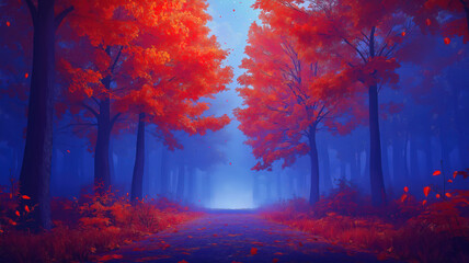 Wall Mural - enchanted autumn forest filled with vibrant leaves and a mysterious foggy atmosphere on a dreamy pat
