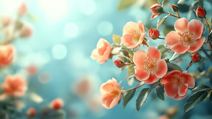 Wall Mural - Vibrant spring border featuring blooming rose bush, set under a clear blue sky