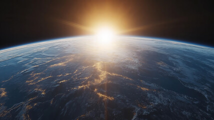Wall Mural - spectacular space view of earth at dawn with glowing blue light spreading over the horizon