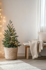 Canvas Print - This living room features a small natural pine tree in a woven basket, soft string lights, and a wool blanket on a wooden bench, evoking a calm and elegant Christmas atmosphere