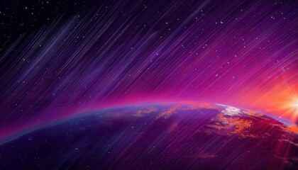 Wall Mural - vivid sunrise over a planet horizon with glowing atmospheric layers and distant stars, ideal for sci-fi, space, and cosmic themes

