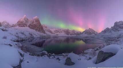 Wall Mural - Panoramic view of aurora borealis reflected in a frozen lake, surrounded by snow-covered mountains at twilight.