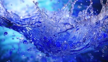 Poster - vivid close-up of a dynamic blue water splash with crystal-clear droplets and ripples, ideal for design background and creative concepts

